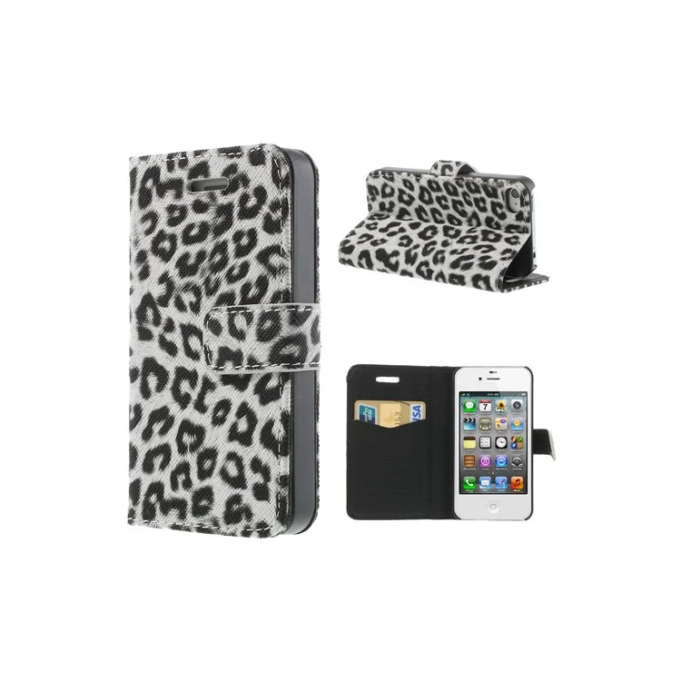 Leopard Card Slot Leather Stand Case for iPhone 4 4S - White