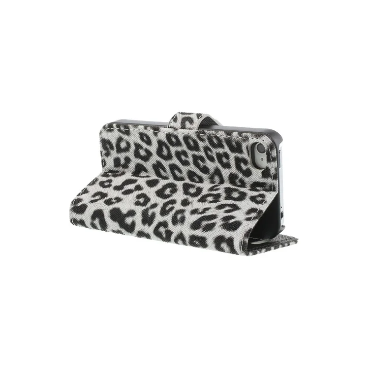 Leopard Card Slot Leather Stand Case for iPhone 4 4S - White
