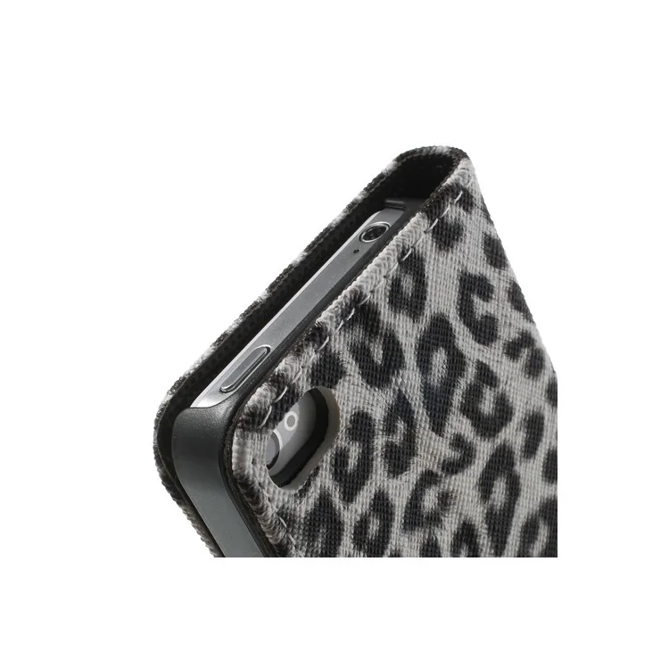 Leopard Card Slot Leather Stand Case for iPhone 4 4S - White