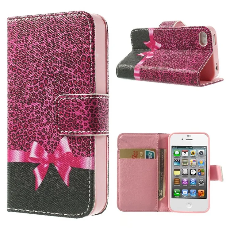 For iPhone 4s 4 Magnetic Rose Leopard & Bowknot Pattern Leather Wallet Stand Cover