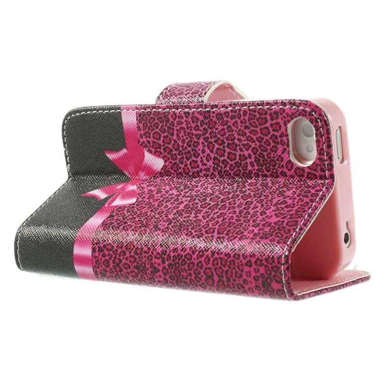 For iPhone 4s 4 Magnetic Rose Leopard & Bowknot Pattern Leather Wallet Stand Cover