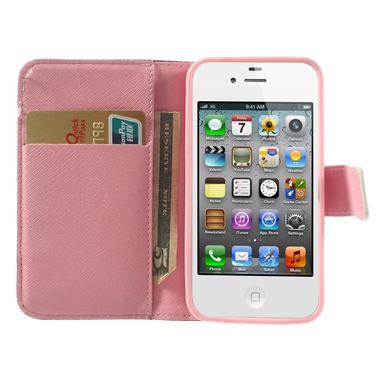 For iPhone 4s 4 Magnetic Rose Leopard & Bowknot Pattern Leather Wallet Stand Cover