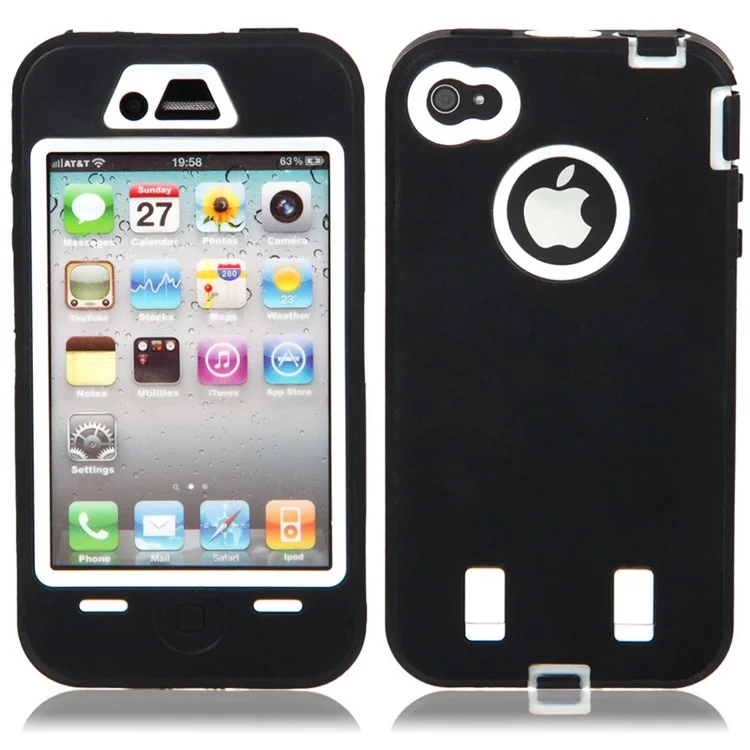High Impact PC + Silicone Hybrid Defender Case for iPhone 4 4S - White / Black