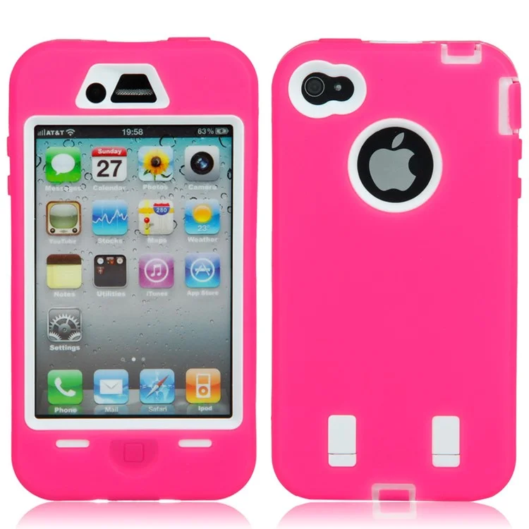 Impact-resistant PC + Silicone Defender Case for iPhone 4 4S - White / Rose