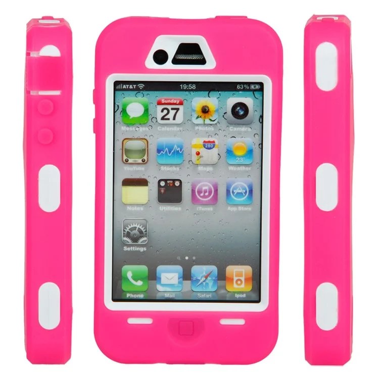 Impact-resistant PC + Silicone Defender Case for iPhone 4 4S - White / Rose