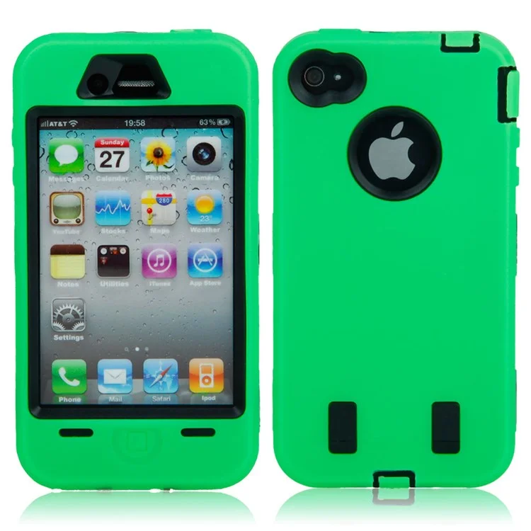 Heavy Duty Hybrid Defender Armor Case Cover for iPhone 4 4S - Black / Green