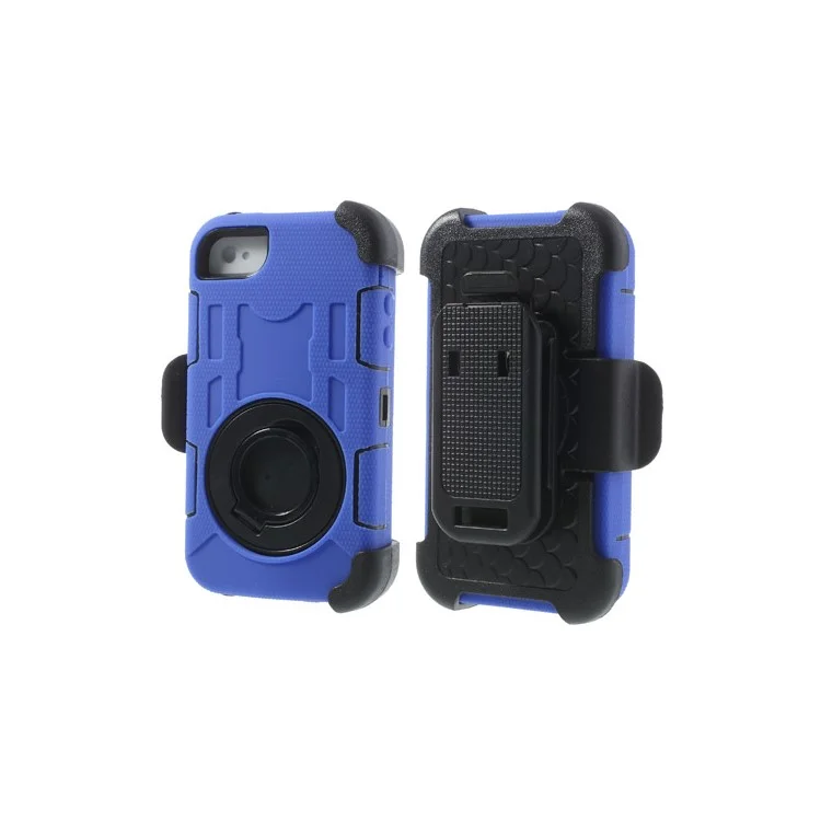 Deep Blue PC + Silicone 4 in 1 High Impact Combo Shell w/ Swivel Belt Clip Stand for iPhone 4S 4