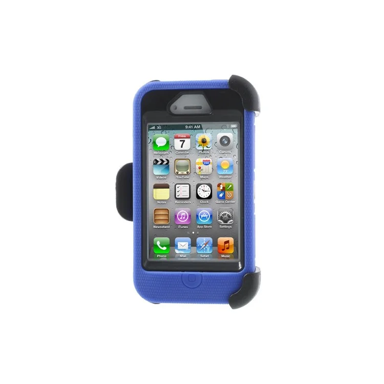 Deep Blue PC + Silicone 4 in 1 High Impact Combo Shell w/ Swivel Belt Clip Stand for iPhone 4S 4