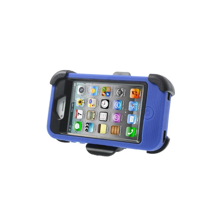 Deep Blue PC + Silicone 4 in 1 High Impact Combo Shell w/ Swivel Belt Clip Stand for iPhone 4S 4