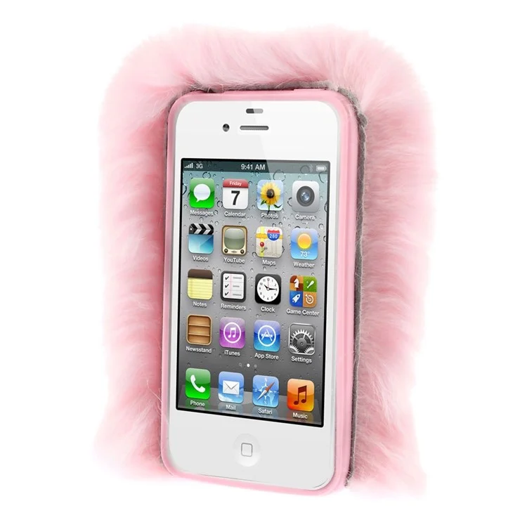 Fashionable Warm Genuine Rabbit Fur Back Cover Shell for iPhone 4s 4 - Pink