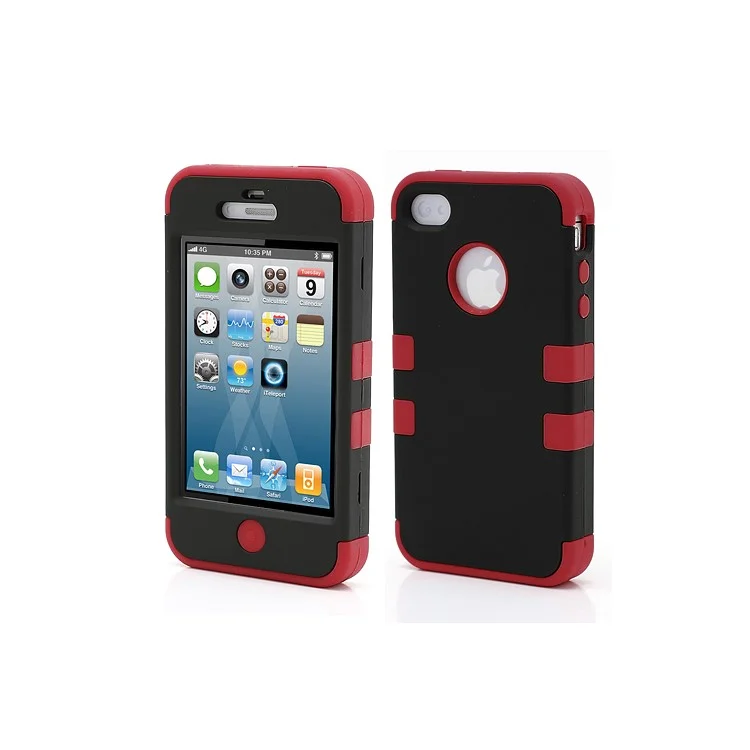Heavy-Duty Silicone & PC Hybrid Shatterproof Combo Case for iPhone 4 4S - Black / Red