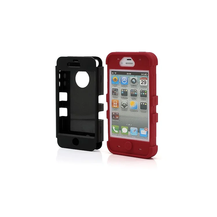 Heavy-Duty Silicone & PC Hybrid Shatterproof Combo Case for iPhone 4 4S - Black / Red