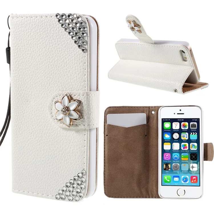 Elegant Bling Diamante Flower iPhone 5 Leather Cover Stand