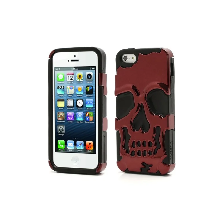 New Skull Head Soft Silicone Hard Plating Hybrid Case for iPhone 5 - Black / Red
