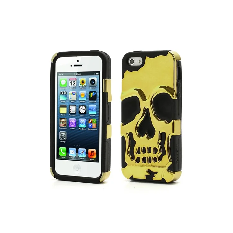 New Skull Head Soft Silicone Hard Plating Hybrid Case for iPhone 5 - Black / Gold
