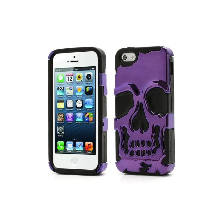 New Skull Head Soft Silicone Hard Plating Hybrid Case for iPhone 5 - Black / Purple