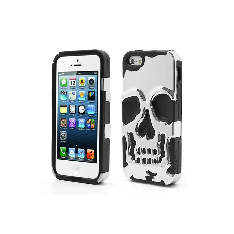 New Skull Head Soft Silicone Hard Plating Hybrid Case for iPhone 5 - Black / Silver