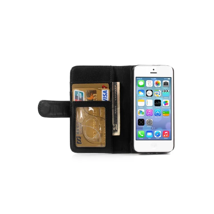 Black Glossy Leather Flip Wallet Magnetic Case Cover w/ Stand for iPhone 5C