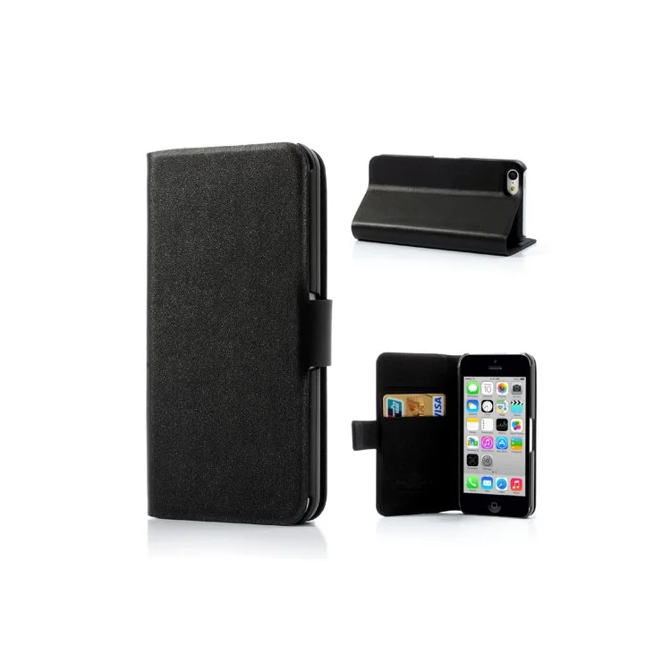 Black Doormoon Wallet Genuine Leather Case with Stand for iPhone 5c