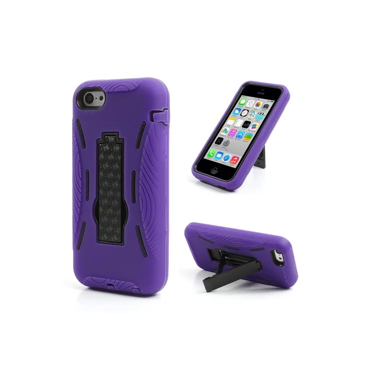 For iPhone 5c Plastic & Silicone Robot Defender Case w/ Stand - Black / Purple