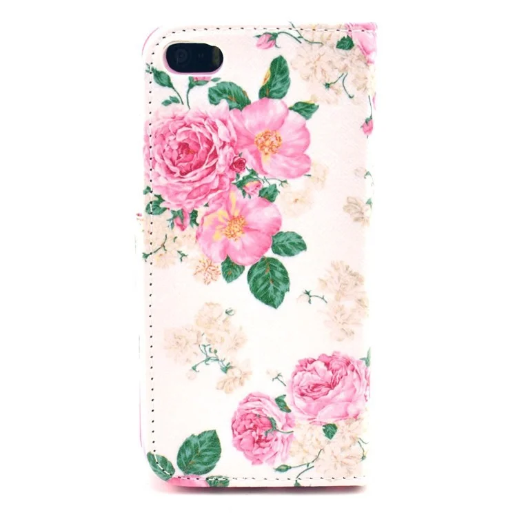 Elegant Pink Roses Pattern Leather Wallet Case for iPhone 5s 5 w/ Stand