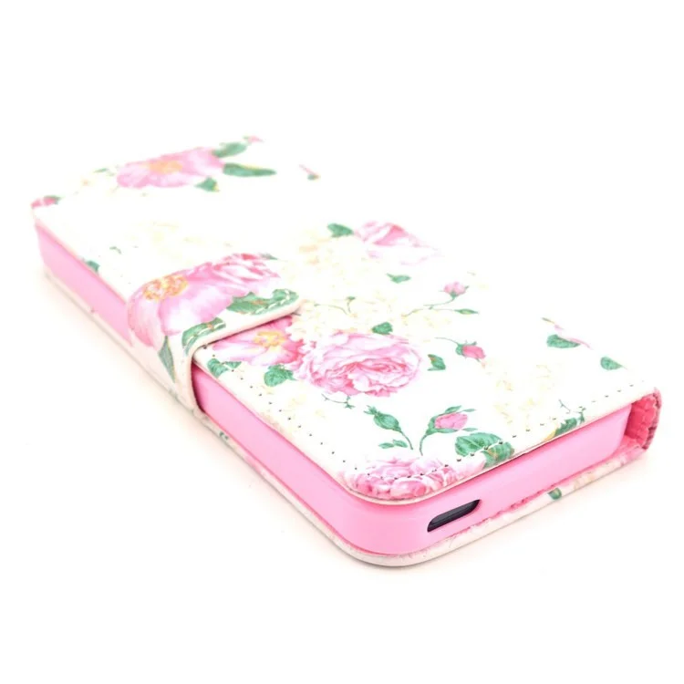 Elegant Pink Roses Pattern Leather Wallet Case for iPhone 5s 5 w/ Stand