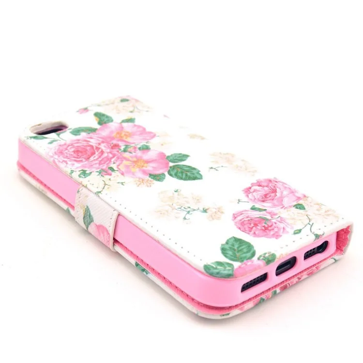 Elegant Pink Roses Pattern Leather Wallet Case for iPhone 5s 5 w/ Stand
