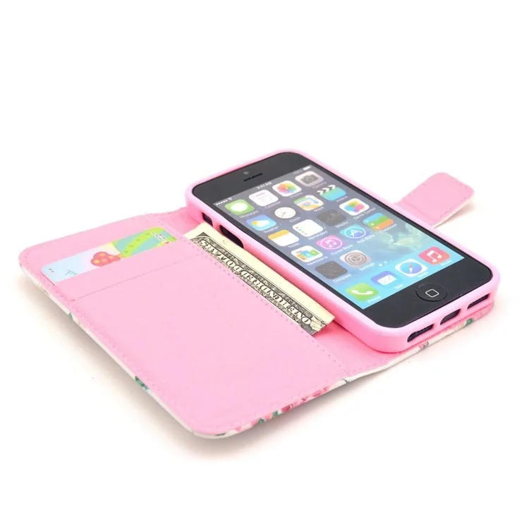 Elegant Pink Roses Pattern Leather Wallet Case for iPhone 5s 5 w/ Stand