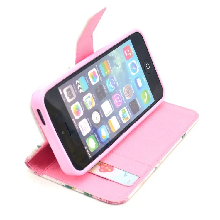 Elegant Pink Roses Pattern Leather Wallet Case for iPhone 5s 5 w/ Stand