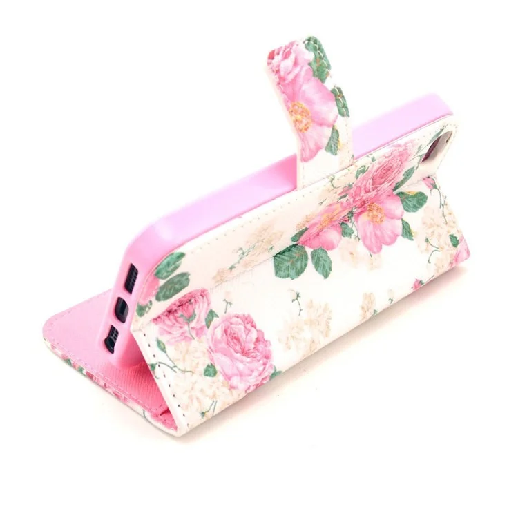 Elegant Pink Roses Pattern Leather Wallet Case for iPhone 5s 5 w/ Stand