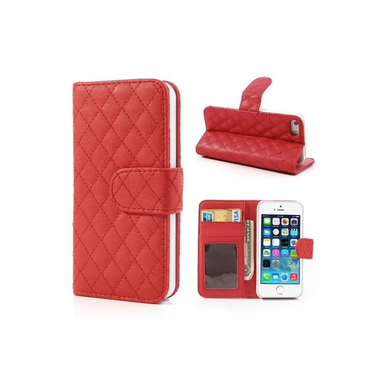 Grid Leather Card Holder Case for iPhone 5 5s - Red