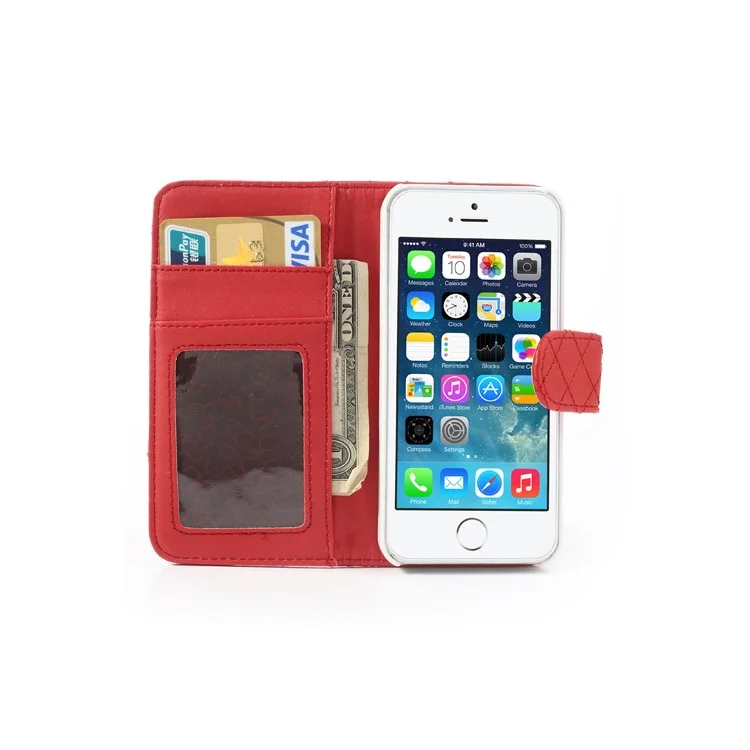 Grid Leather Card Holder Case for iPhone 5 5s - Red