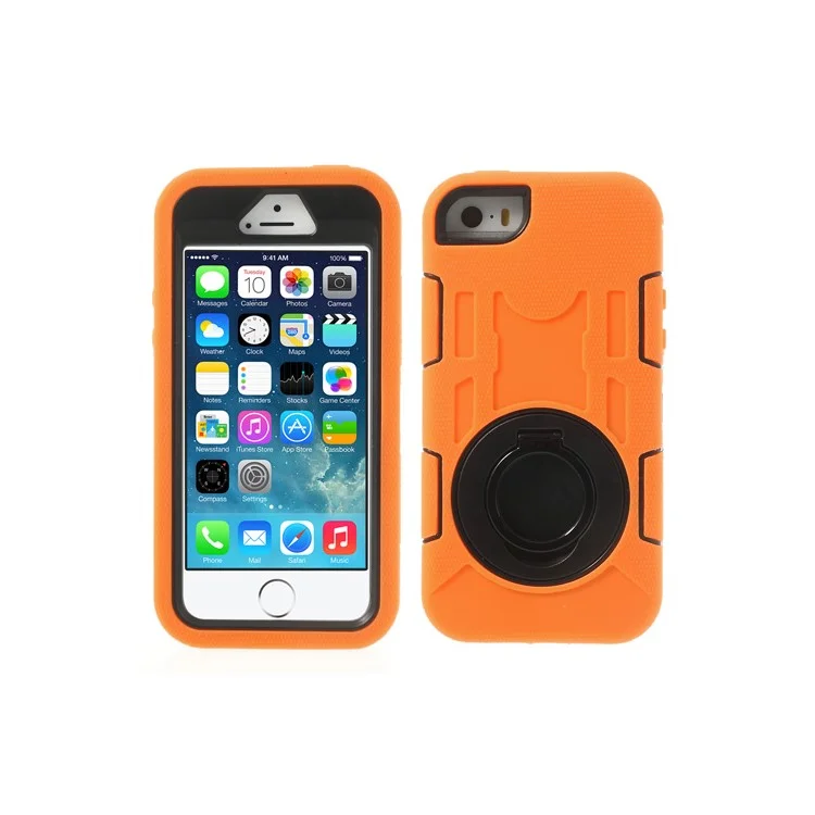 Orange 3-Piece PC & Silicone for iPhone 5s 5c 5 High Impact Combo Armor Case w/ Stand
