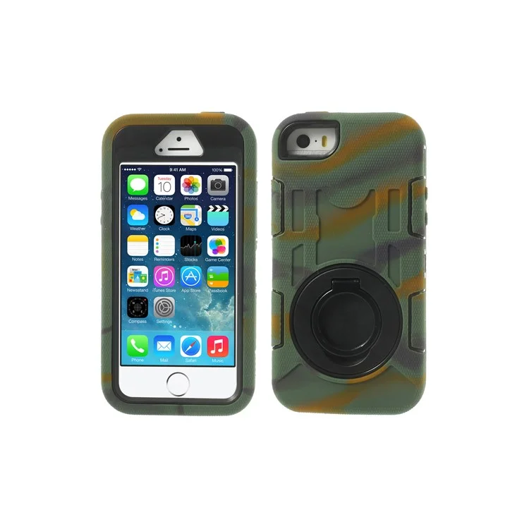 Camouflage 3-Piece PC & Silicone for iPhone 5s 5c 5 High Impact Armored Case w/ Stand