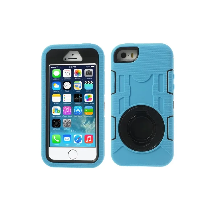 Pale Blue 3-Piece PC & Silicone High Impact Shell Case w/ Circular Stand for iPhone 5s 5c 5
