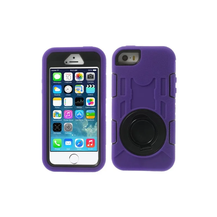 Purple 3-Piece PC & Silicone High Impact Armor Hybrid Case w/ Stand for iPhone 5s 5c 5