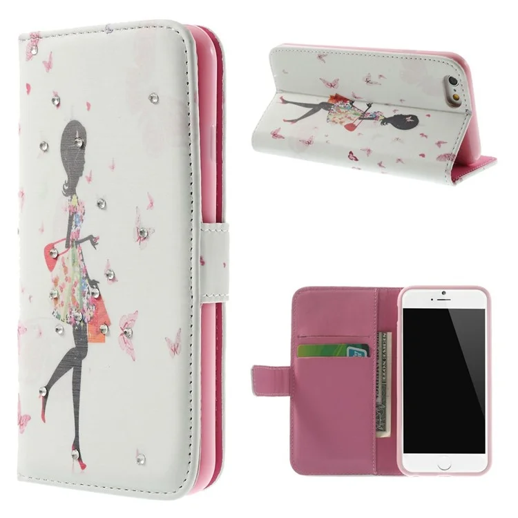 Fashion Shopping Girl & Butterflies Diamante Wallet Leather Stand Case for iPhone 6 4.7 inch