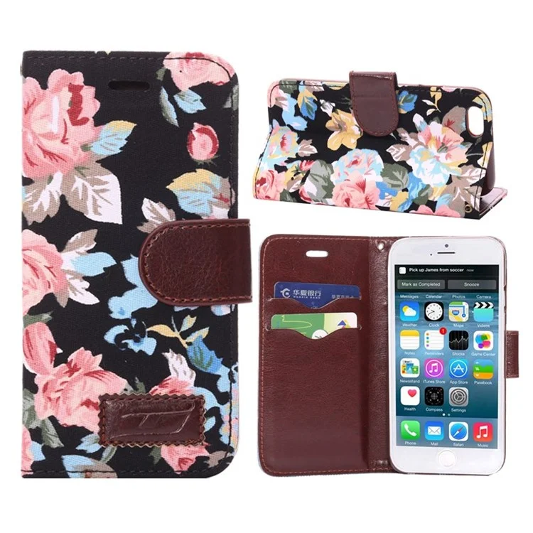 Pretty Flowers Cloth Skin Card Slots Leather Stand Case for iPhone 6 4.7 inch - Black