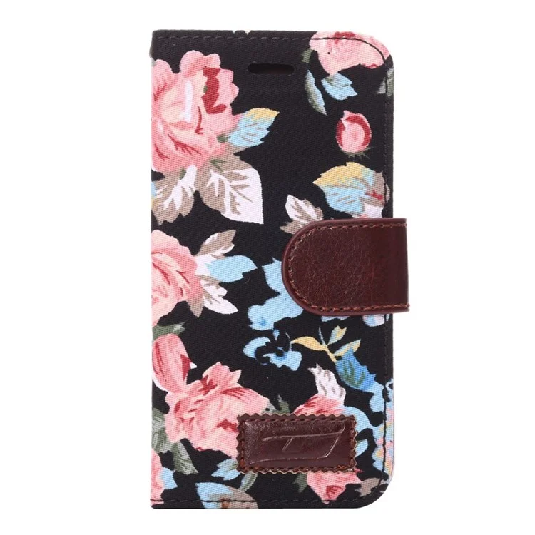 Pretty Flowers Cloth Skin Card Slots Leather Stand Case for iPhone 6 4.7 inch - Black