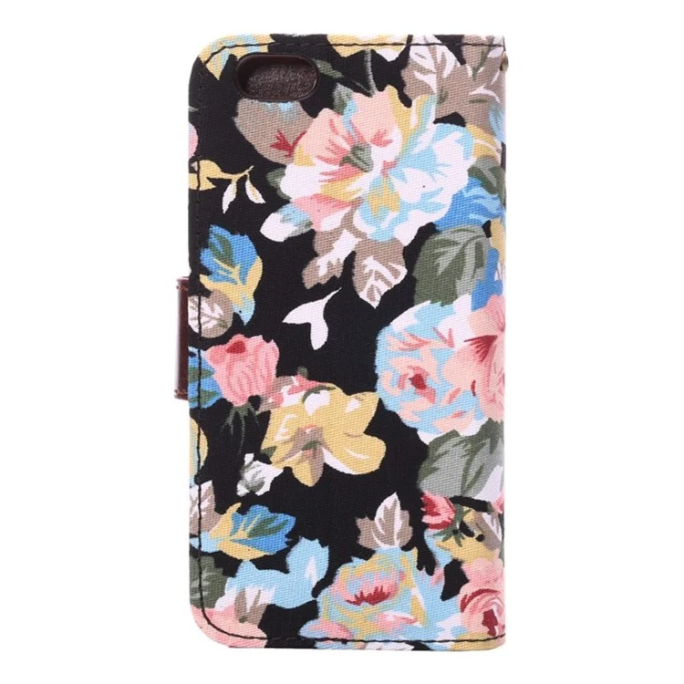 Pretty Flowers Cloth Skin Card Slots Leather Stand Case for iPhone 6 4.7 inch - Black