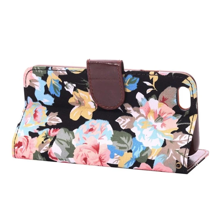 Pretty Flowers Cloth Skin Card Slots Leather Stand Case for iPhone 6 4.7 inch - Black