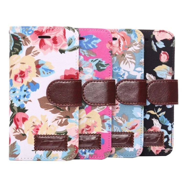 Pretty Flowers Cloth Skin Card Slots Leather Stand Case for iPhone 6 4.7 inch - Black
