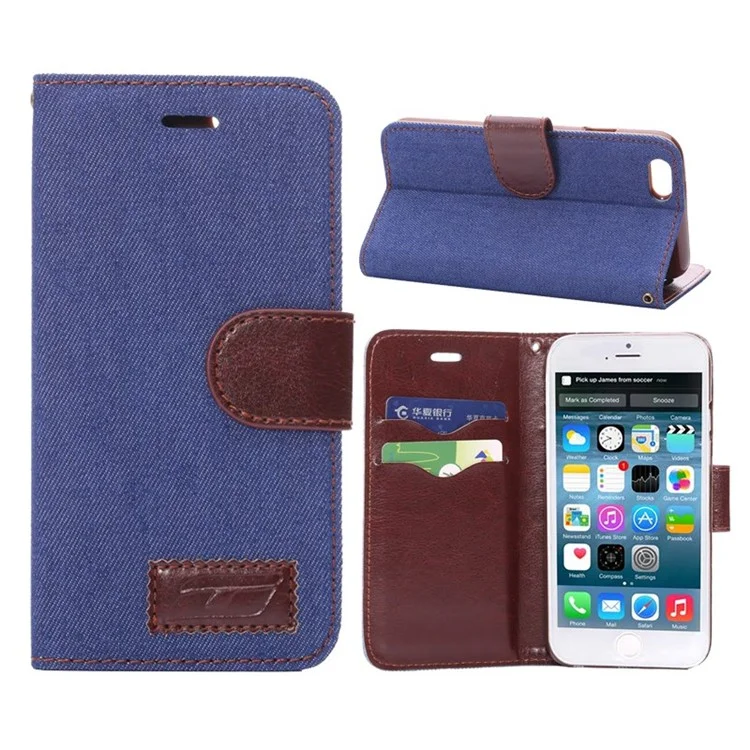 Jeans Cloth Skin Card Slots Leather Stand Cover for iPhone 6 4.7 inch - Dark Blue