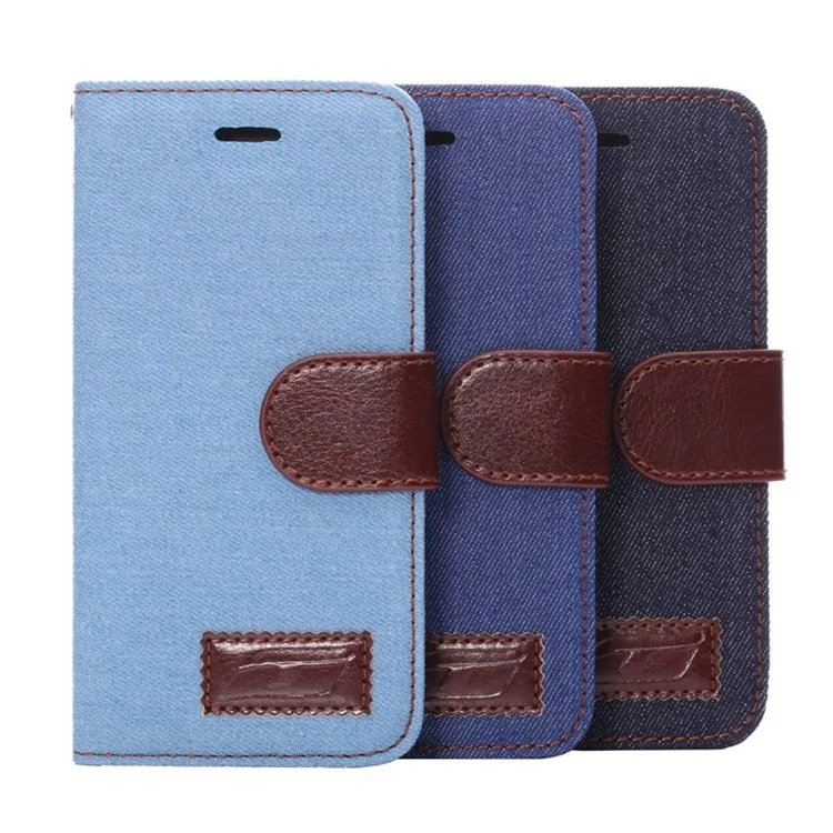 Jeans Cloth Skin Card Slots Leather Stand Cover for iPhone 6 4.7 inch - Dark Blue
