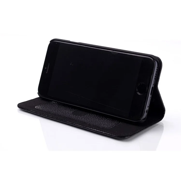 Magnetic Litchi Genuine Leather Stand Cover for iPhone 6 4.7 inch w/ Card Slot - Black