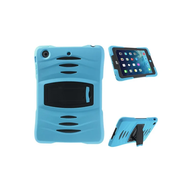 Rugged Anti-slip Plastic & Silicone Hybrid Shell Cover w/ Stand for iPad Mini / iPad Mini 2 with Retina Display - Black / Blue