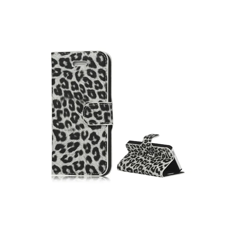 Leopard Skin Leather Magnetic Wallet Case Cover with Stand for iPhone 5 - White