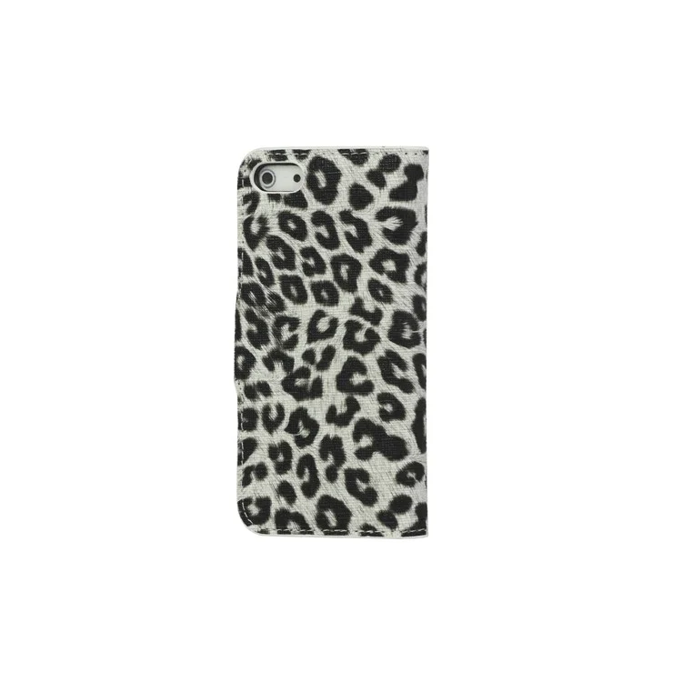 Leopard Skin Leather Magnetic Wallet Case Cover with Stand for iPhone 5 - White