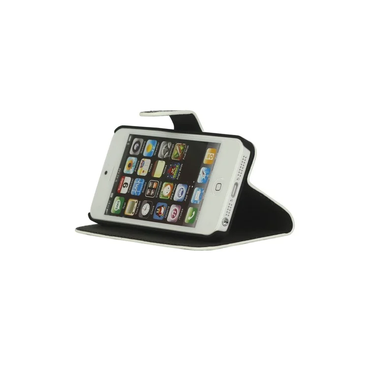 Leopard Skin Leather Magnetic Wallet Case Cover with Stand for iPhone 5 - White