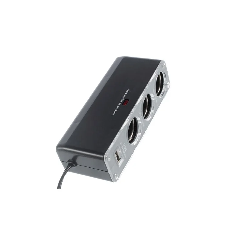 WF-0096 Triple 3 Way Car Cigarette Socket Lighter Power Splitter with One USB Output